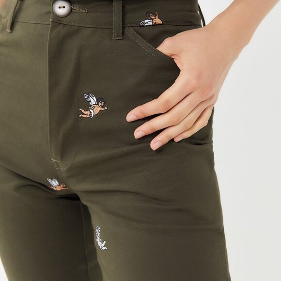 HOT LAVA Khaki Olive Green/Brown Work Wear Pants w/ Embroidered Cherubs - Picture 2 of 10